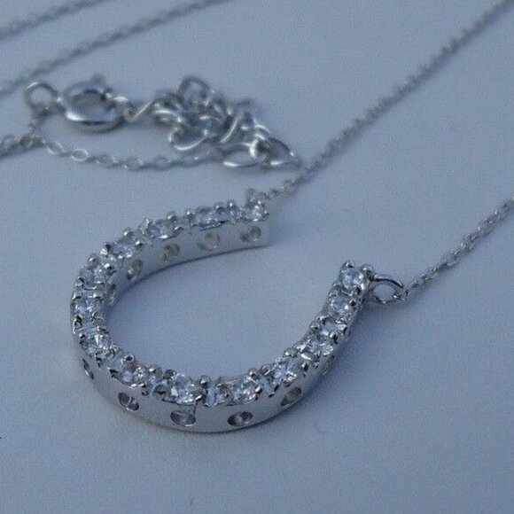 925 STERLING SILVER DESIGNERS "HORSE SHOE"NECKLACE PENDANT SIMULATED DIAMONDS - Picture 2 of 6